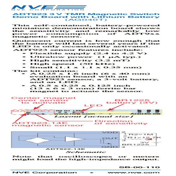 TMR晶片電源磁感測套件 AG040T ADT923 3V Battery-Powered TMR Switch Demo Board